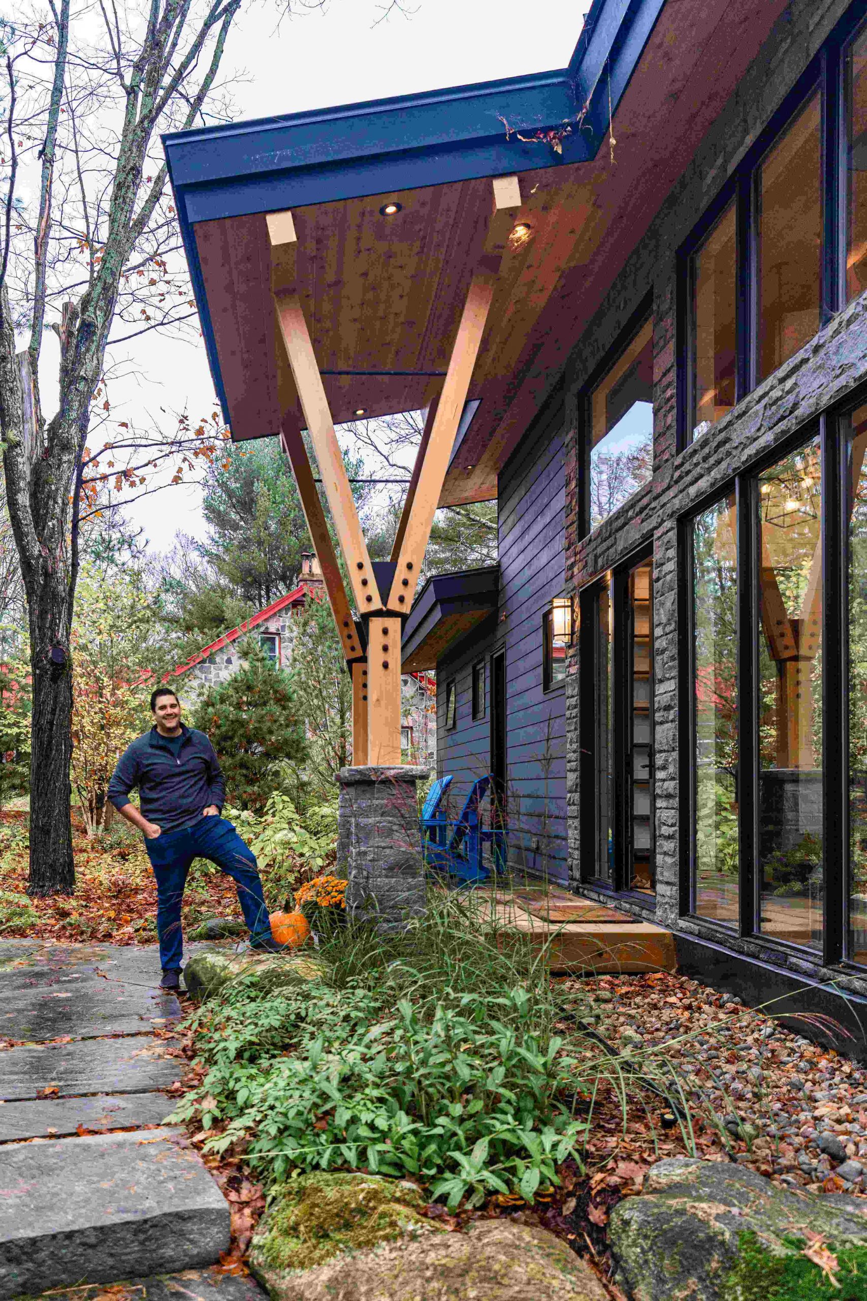 Timber Y-structure entrance at Hoodstown Cottage
