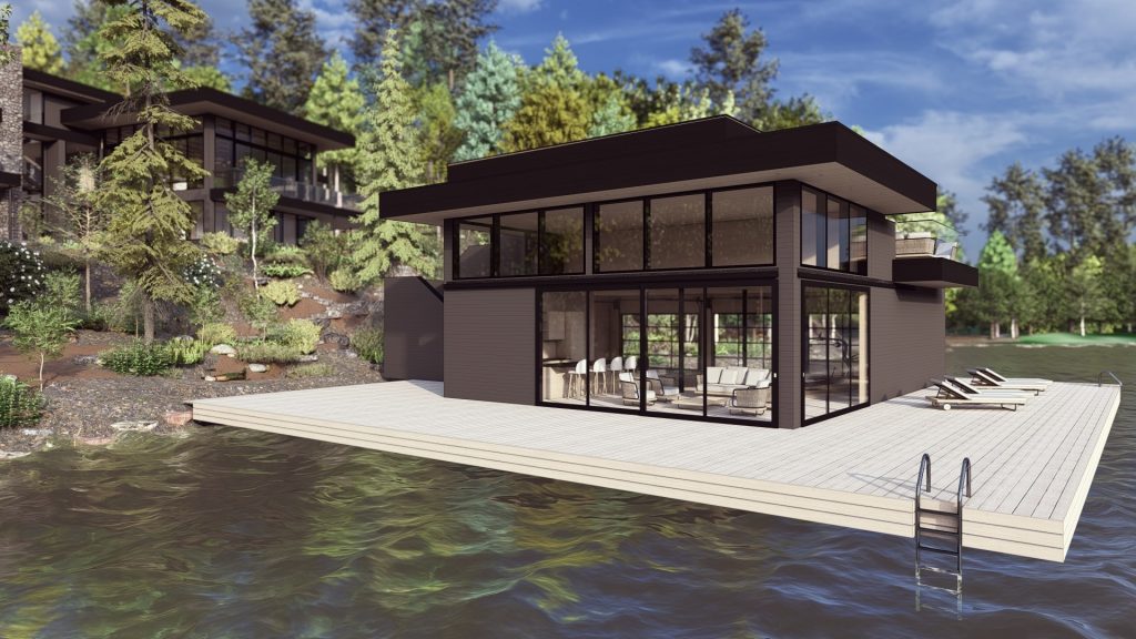 Muskoka Modern Boathouse — exterior rendering, Corbin Patten Designs