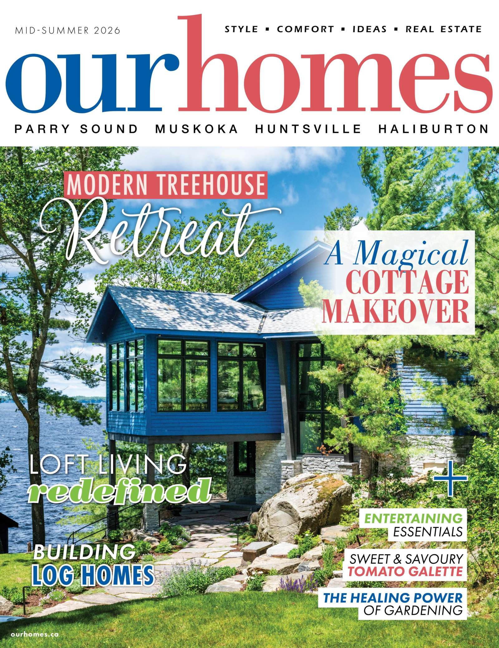 Our Homes Muskoka Mid-Summer 2026 cover featuring Windy Point Cottage by Corbin Patten Designs